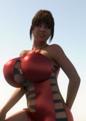 1girls 3d big_breasts brown_hair female female_only mommy_maya original original_character red_dress solo