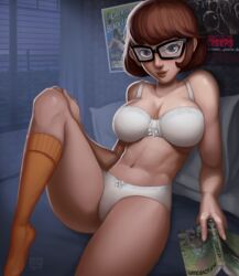 bra brown_hair dquinn89 female glasses hanna-barbera monolithic-sloth panties scooby-doo short_hair solo velma_dinkley white_panties