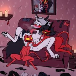 2_horns anthro areola ass balls black_claws black_hair black_horn black_pawpads blush bodily_fluids breath canid canid_demon canine claws clitoral clitoris_lick clothing crouching demon digitigrade dipstick_tail drooling erection eyelashes female female/female finger_fuck fingering freckled_face freckles fur furniture genital_fluids genitals glistening_eyelids grey_hair group group_sex hair hellaverse hellhound helluva_boss hi_res horn humanoid humanoid_on_anthro imp interspecies kojot licking long_eyelashes long_tongue looking_pleasured loona_(helluva_boss) male male/female mammal markings masturbation millie_(helluva_boss) moxxie_(helluva_boss) mythological_canine mythological_creature mythology nipple_fetish nipple_lick nipple_play nipples on_sofa open_mouth panties pawpads penile penile_masturbation penis pink_nipples pupils red_balls red_clothing red_nipples red_panties red_penis red_sclera red_underwear romantic romantic_couple saliva sex sitting smile smirk sofa spots spotted_body spotted_skin spread_legs spreading striped_horn stripes tail tail_markings threesome toe_claws tongue tongue_out trio underwear vaginal_fluids vaginal_penetration white_body white_eyes white_fur white_hair white_horn white_skin white_spots