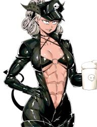 1girls abs black_bra bra breasts cleavage coffee coffee_mug demon demon_girl demon_horns demon_tail drink female female_only hair hand_on_hip hat headwear helltaker holding_drink latex latex_bodysuit latex_clothing lips medium_breasts minew muscles o-ring_top pandemonica_(helltaker) red_eyes smile solo solo_female tail unzipped_bodysuit white_background white_hair