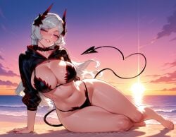1girls ai_generated arm_support balecxi barefoot beach bikini black_bikini black_choker black_jacket blush breasts choker cleavage clothing cloud collarbone cropped_jacket curvaceous curvaceous_female curvaceous_figure curvy curvy_figure demon_girl demon_horns demon_tail dungeon_ni_deai_wo_motomeru_no_wa_machigatteiru_darou_ka dusk exhibitionism feet female female_focus freya_(danmachi) full_body gradient_sky grey_hair grin half-closed_eyes head_tilt heart_tail highleg horizon horns inviting inviting_to_sex jacket large_breasts lips long_hair long_sleeves looking_at_viewer lying navel ocean on_side outdoor_nudity outdoors outside parted_lips presenting presenting_ass presenting_breasts presenting_hindquarters presenting_pussy presenting_self purple_eyes sand seductive seductive_look seductive_smile shore shrug_(clothing) sitting skindentation sky smile solo stomach sunrise sunset swimsuit tail thick_thighs thighs toenails toes uncensored virtual_youtuber voluptuous voluptuous_female water white_hair wide_hips zipper_pull_tab