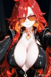 ai_generated aidroch big_breasts biker_suit black_bodysuit black_catsuit black_clothing bodysuit breast_curtains breasts catsuit choker cleavage clothing_shiny collar cowgirl_shot curvy curvy_body deep_cleavage earrings female female_only form_fitting front_zipper genshin_impact giant_breasts giant_tits glasses glossy_skin gold_accents gold_earrings gold_trim gradient_hair heavy_breasts hips hour_glass_figure huge_boobs huge_breasts jewelry jumpsuit large_boobs large_breasts large_tits latex latex_bodysuit leather leather_clothing long_hair mavuika mavuika_(genshin_impact) messy_hair necklace oiled_skin open_zipper orange_eyes orange_tinted_eyewear pale_skin perky_breasts plumpy pvc red_hair ringed_eyes round_breasts rubber rubber_clothing shiny_clothes shiny_latex shiny_leather shiny_skin skin_tight skin_tight_clothing sunglasses symbol_in_eye thick_thighs thighs thunder_thighs tight_clothing tinted_eyewear unzipped unzipped_bodysuit vacuum_sealed vinyl voluptuous voluptuous_figure wetlook wide_hips wild_hair zipper zipper_pull