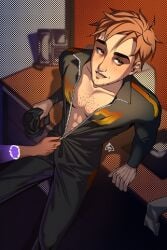 acedraws dispatch_(game) female invisigal male male_focus robert_robertson unzipped unzipping