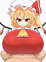 1boy 1girls 2d alternate_breast_size animated ascot blank_background blonde_hair clothed_female clothed_female_nude_male flandre_scarlet huge_breasts jiwieru large_breasts looking_at_viewer nude nude_male paizuri paizuri_lead_by_female paizuri_under_clothes pov pov_eye_contact red_eyes red_ribbon ribbon short_hair side_ponytail smile straight touhou upper_body vampire vampire_girl white_background wings