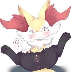 anus blush braixen canid canine censored female fur generation_6_pokemon genitals hi_res himimi inner_ear_fluff looking_at_viewer mammal nintendo nude pokemon pokemon_(species) simple_background solo tuft vulva white_background white_body white_fur yellow_body