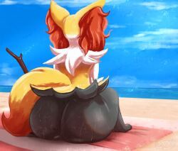 anthro ass beach big_butt bodily_fluids cecilia_(dennhaze) delphox dennhaze digital_media_(artwork) female fur generation_6_pokemon hi_res huge_butt inner_ear_fluff mammal markings nintendo nude outside pokemon pokemon_(species) presenting presenting_hindquarters rear_view sand seaside sitting solo stick sweat tail thick_thighs tuft water white_body white_fur wide_hips wood yellow_body yellow_fur