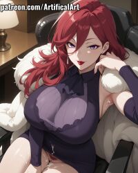 1girls ai_generated armpits big_breasts blush clothed_sex coat cum cum_in_pussy cum_inside cum_on_armpits earrings female fur_cape fur_coat fur_collar hair_between_eyes inari_yoko jewelry kemono_jihen kitsune light-skinned_female light_skin lipstick makeup mature_female milf nail_polish perfect_body purple_eyes pussy pussy_hair red_hair red_lipstick red_nail_polish smile solo uncensored very_long_hair watermark youkai