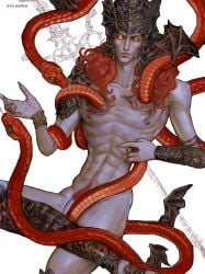 1boy elden_ring evilhunks fromsoftware humanoid humanoid_male lanky light-skinned_male light_skin long_hair male male_only messmer_the_impaler partially_clothed pubic_hair red_hair red_pubic_hair shadow_of_the_erdtree sharp_fingernails sitting skinny skinny_male skinny_waist snakes solo_male yellow_eye