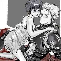 1boy 1girls adjjjjj canon_couple looking_at_viewer meryl_stryfe smiling_at_viewer straddling_lap trigun vash_the_stampede wholesome