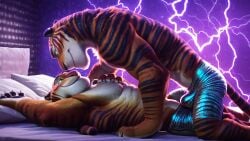 2boys abstract_background ai_generated anthro armpits arms_up bed bedroom_eyes bulge disney duo green_eyes hand_on_chest horny male male/male male_only mood_lighting on_bed ready_to_fuck sitting_on_another smiling striped_fur tail teeth tiger tiger_dancer_(zootopia) toned_male two-tone_fur zootopia zootopia_2