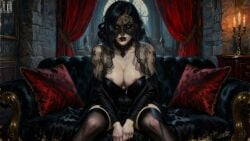 ai_assisted ai_generated alcina_dimitrescu areola areola_slip big_breasts black_dress black_hair black_lipstick breasts choker cleavage cum cum_on_breasts cum_on_face female goth gothic gothic_girl highres milf pale-skinned_female pale_skin patreon resident_evil resident_evil_8:_village short_hair stockings tripleize vampire vampire_girl veil wallpaper watermark white_skin yellow_eyes