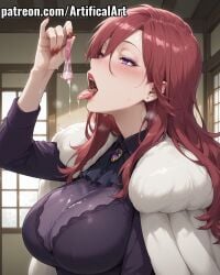 1girls ai_generated big_breasts blush clothed_sex coat condom cum cum_in_mouth cum_on_tongue drinking_cum drinking_from_condom earrings female fur_cape fur_coat fur_collar hair_between_eyes inari_yoko jewelry kemono_jihen kitsune licking licking_cum light-skinned_female light_skin lipstick makeup mature_female milf nail_polish open_mouth perfect_body purple_eyes red_hair red_lipstick red_nail_polish solo tongue_out uncensored used_condom very_long_hair watermark youkai