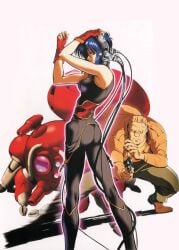 1boy 1girls ass batou bodysuit breasts cyborg ghost_in_the_shell gun kusanagi_motoko looking_back official_art official_style playstation purple_hair red_eyes robot sideboob tachikoma thighs toshihiro_kawamoto visor wire