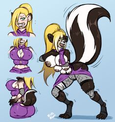 anthro breast_expansion breast_growth clenched_teeth clothing female fur_growth human_to_anthro ino_yamanaka multi_breast naruto ripped_clothing skirt skunk skunk_tail sutibaru tail_growth transformation