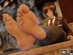 1girls az3d boots_removed closed_mouth feet foot_feish foot_focus limbus_company looking_at_viewer outis_(limbus_company) project_moon short_hair solo sweat sweaty_feet sweaty_soles