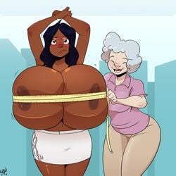 big_breasts breasts dark-skinned_female dark_skin eimmikha gigantic_breasts huge_breasts hyper_breasts maddie_(eimmikha) measuring measuring_breasts measuring_tape moosetracks8008