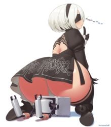 1girls ass ass_focus ass_view big_ass big_butt blindfold cute fat_ass gigantic_ass kuroonehalf leotard looking_away nier:_automata panties skirt thick thick_thighs thighs white_background white_hair wide_hips yorha_2b