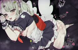 1boy 1girls angels_of_delusion backpack bag bent_over blush breasts chinatsu_remiel clothed_sex commentary english_commentary female from_side heart highres looking_at_viewer looking_to_the_side lost-phews maid nipples open_mouth plap puffy_short_sleeves puffy_sleeves randoseru sex sex_from_behind short_sleeves small_breasts solo_focus straight sunna_(afternoon_tea_break)_(zenless_zone_zero) sunna_(zenless_zone_zero) sweat winged_bag wise_(zenless_zone_zero) zenless_zone_zero