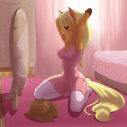 anthro applejack_(mlp) female friendship_is_magic kneeling mirror morning my_little_pony nightgown solo stockings straight_hair taurika