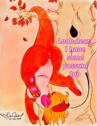 absurd_res anthro anus ass blonde_hair breasts brown_body disney english_text feet female genitals hair hi_res kanga kangaroo macropod mammal marsupial nipples plant robbiewallace solo sunset tail text traditional_media_(artwork) tree vulva winnie_the_pooh_(franchise)