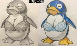 1girls ai ai_art ai_generated anthro artist_logo artist_name beak big_breasts black_and_white black_eyes blinking bluesky_link bra breasts colored female female_focus female_only mario_(series) nintendo one_eye_closed penguin penguin_(mario) quinzo11 self_upload snowflake_print_bra super_mario_64 two_pictures