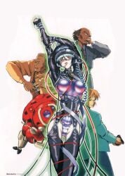1girls 3boys android batou bodysuit breasts cybernetics daisuke_aramaki ghost_in_the_shell gun kusanagi_motoko lingerie multiple_boys official_art official_style panties playstation robot suit tachikoma thighs togusa toshihiro_kawamoto visor wire