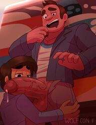 age_difference big_penis bill_dewey blowjob boner cartoon_network clothing erection gay huge_cock jamie_(steven_universe) licking licking_penis male_only mayor_dewey penis penis_out steven_universe wolf_con_f yaoi