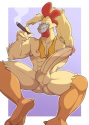 2024 4_fingers abs anthro anti_dev armpit_hair ass avian avian_feet balls big_penis bird blue_sclera body_hair border bow_tie bow_tie_only butt_from_the_front cheek_tuft chicken cigar circumcised circumcision_scar darkwing_duck digital_drawing_(artwork) digital_media_(artwork) disney ducktales erection facial_tuft feathers fingers galliform genital_scar genitals glans hand_behind_head hi_res holding_cigar holding_object huge_cock humanoid_genitalia humanoid_penis long_penis looking_at_viewer male mostly_nude muscular muscular_anthro muscular_male nipples non-mammal_balls non-mammal_nipples nude nude_anthro nude_male orange_legs penis phasianid pink_nipples purple_background red_crest red_tail_feathers red_wattle scar simple_background smoking smoking_cigar solo spread_legs spreading steelbeak tail tail_feathers tan_body tan_feathers tuft untied_bow_tie white_border yellow_bow_tie