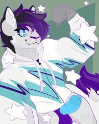 absurd_res anthro balls blue_eyes blue_penis bottomless bottomless_anthro bottomless_male canid canine canis cheek_tuft clothed clothing digital_drawing_(artwork) digital_media_(artwork) ears_up erection facial_markings facial_tuft fingers fist flexing flexing_bicep fur genitals glistening glistening_body hair hair_over_eye head_markings hi_res high-angle_view highlights_(coloring) hoodie lineless looking_at_viewer male mammal markings mechanical_arm metal_arm mostly_nude multicolored_body multicolored_hair penis prosthetic prosthetic_arm prosthetic_limb purple_body purple_fur retrobeastto shaded simple_background smile smiling_at_viewer smirk smirking_at_viewer solo star tail topwear tuft two_tone_body two_tone_hair white_body white_fur wolf