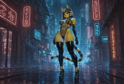 ai_art ai_assisted ai_generated animal_crossing ankha ankha_(animal_crossing) cat_ears cat_tail catgirl feline futuristic high_heels latex latex_gloves latex_thighhighs looking_down neon_lights night platform_heels rain see-through_clothing standing