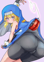 1boy androgynous ass bare_shoulders bike_shorts blonde_hair blue_eyes blush bridget bulge embarrassed femboy fingerless_gloves from_behind girly gloves guilty_gear habit human human_only light-skinned_femboy light-skinned_male light_skin long_hair looking_at_viewer looking_back male_focus male_nun male_only nun nun's_habit rabittofaa shiny shiny_hair skirt skirt_tug solo yo-yo