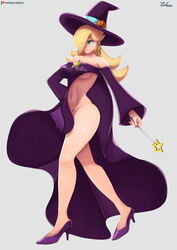 1girls abs alternate_costume ass big_breasts convenient_censoring cosplay halloween high_heels mario_(series) mario_kart mario_kart_tour naked_cape nintendo princess_rosalina thick_thighs thighs wide_hips witch witch_costume witch_hat zelc-face