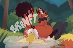 2boys 2d anthro ass big_ass big_tail delphox detailed_background facefart facesitting fart fart_cloud fart_fetish farting farting_in_face farting_on_another fat_ass femboy fox furry furry_male looking_relieved male male/male male_fart male_only naked nickit no_genitals no_sex nude onomatopoeia passtheblast pokemon pokemon_(species) scarf sitting sitting_on_face sitting_on_person tail text thick_thighs thighs vulpine