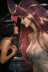 ai_generated big_breasts black_hair cosmic_background cosmic_being cosmic_hair curvaceous curvy cyberpunk_2077 giantess grey_skin hologram looking_at_another mcross purple_hair sharon_apple softcore space villain yuri