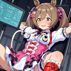 ai_generated arms_behind_back blush brown_hair female frills hair_ornament horse_ears horse_girl lactating lactation milk milking milking_breasts milking_machine nipples open_mouth pale-skinned_female pale_skin short_sleeves small_breasts smart_falcon_(umamusume) solo_female spread_legs twintails umamusume yellow_eyes