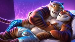 2boys ai_generated animated anthro bed bulge crotch_rub cuddling disney duo green_eyes groping half_naked hand_on_chest male male/male male_only mood_lighting on_bed pants rubbing_penis smile soundless striped_fur tagme tail talking_to_another talking_to_partner teeth tiger tiger_dancer_(zootopia) toned_male two-tone_fur video zootopia zootopia_2