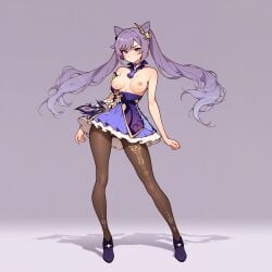 ai_generated bare_shoulders black_pantyhose blush breasts breasts_out brown_pantyhose choker closed_mouth clothes_pull cone_hair_bun double_bun dress dress_pull earrings female floating_hair frilled_dress frills full_body genshin_impact hair_bun hair_ornament jewelry keqing_(genshin_impact) legs_apart long_hair looking_at_viewer medium_breasts neck_tassel nipples pantyhose purple_dress purple_eyes purple_hair shadow short_dress skirt solo standing topless twintails