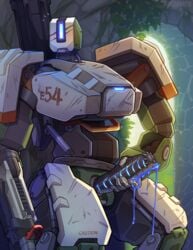 bastion_(overwatch) blush cum high_resolution male_only masturbation omnic overwatch penis pinup qwertydragon robot unusual_cum unusual_penis