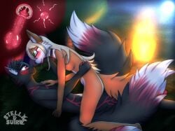 absurd_res after_kiss black_body black_fur black_hair blonde_hair blush bodily_fluids breasts campfire camping_tent canid canine cervical_penetration chest_tuft collar cowgirl_position cum cum_in_vagina cum_inside detailed_background digital_drawing_(artwork) digital_media_(artwork) ejaculation eyewear female female_penetrated fox from_front_position fur fur_tuft genital_fluids glasses green_eyes hair hand_on_back hand_on_cheek hand_on_chest happy head_tuft hi_res impregnation internal internal_vaginal looking_at_another male male/female male_penetrating male_penetrating_female mammal multi_tail nipples on_bottom on_top orange_body orange_fur orgasm ovum ovum_penetration penetration red_body red_eyes red_fur saliva saliva_string sex sperm_cell stellaamoris stomach_bulge tail tuft uterus uterus_view vaginal_fluids vaginal_penetration white_body white_fur