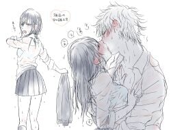 1boy 1girls alternate_costume black_hair blush bra bra_visible_through_clothes breath female french_kiss genderswap_(mtf) gintama gintoki_sakata hijikata_toshiro kissing long_hair looking_at_viewer looking_back male mame_(pixiv) rule_63 school_uniform schoolgirl see-through_clothing spot_color sweat wet wet_body wet_clothes wet_hair wet_skin