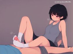 1boy 1girls ai_generated arm_support bangs bare_shoulders black_hair black_skirt blush breasts brother_and_sister closed_mouth cock collarbone embarrassed feet feetjob female footjob grey_shirt grey_tank_top handjob incest light-skinned_female light-skinned_male light_skin penis protocolxmilks red_eyes shirt short_hair shorts side_view simple_background sister sitting skirt sleeveless sloppy sockjob socks solo_focus straight sweatdrop tank_top toes two-footed_footjob uncensored