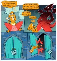 after_sex angry anthro bodily_fluids comic cum cum_drip cum_inside do_not_disturb door dragon dripping duo english_text female female_on_top genital_fluids hi_res male male/female mythological_creature mythological_scalie mythology on_top restricted_palette scalie speech_bubble stone_wall text throwing_character unicorn_blood_(comic) unknown_species vanilla_candy wall_(structure)