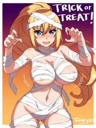 1girls 2023 alternate_version_available areola_slip areolae big_breasts blonde_hair blue_eyes breasts darkness_(konosuba) english english_text female female_only hair halloween halloween_costume halloween_theme kono_subarashii_sekai_ni_shukufuku_wo! motion_lines mummy mummy_costume mummy_wrappings revealing_clothes solo solo_female twobey wrappings