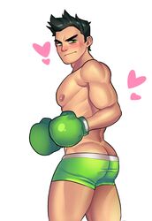 1boy ass back_view biceps black_hair blush blushing boxers boxing boxing_gloves butt_crack gloves green_boxers green_eyes green_gloves green_underwear heart human human_only little_mac male male_focus male_only muscle muscles muscular muscular_legs muscular_male muscular_thighs nintendo nipples pecs pectorals punch_out shower sidepec simple_background solo solo_focus solo_male standing super_smash_bros. tagme_(artist) topless underwear underwear_down underwear_only video_games white_background