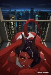 1boy 1boy1girl 1girls ai_generated ass black_hair blowjob city cityscape colored_sclera colored_skin cum cum_in_mouth cum_on_hair demon_boy demon_girl demon_horns demon_tail dispatch_(game) earrings facial fellatio female hi_res horn_grab horns jewelry long_hair looking_at_viewer lustboxai malevola_(dispatch) malevola_gibb night oral penis pointy_ears pov red_skin sky solo_focus straight tail uncensored yellow_eyes