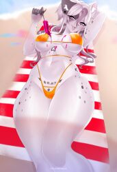 2024 akulaenaya anthro bangs beach beach_blanket big_breasts bikini bikini_bottom bikini_top breasts camel_toe clothing colored day digital_drawing_(artwork) digital_media_(artwork) domestic_cat ear_piercing eyelashes felid feline felis female food fur grey_hair grey_markings hair heart_(marking) hi_res holding_food holding_object holding_popsicle inner_ear_fluff long_eyelashes long_hair lying mammal markings melting_ice_cream navel on_back open_mouth orange_bikini orange_clothing orange_swimwear piercing pink_eyes popsicle shaded solo swimwear tattoo thick_thighs tuft two-piece_swimsuit white_body white_fur