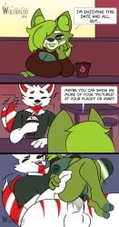 ailurid anthro bodily_fluids breasts canid canine clothed clothing comic diesa_(wolfbaloo) digital_media_(artwork) english_text erection female female_penetrated fox fur genital_fluids genitals green_body green_fur hair hi_res male male/female male_penetrating male_penetrating_female mammal nipples nude penetration penile penile_penetration penis penis_in_vagina red_panda sex shortstack size_difference smile tail text vaginal vaginal_penetration wolfbaloo