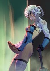 1futa areolae bandaged_arm bandaged_leg bandages big_penis bottomless braided_hair breasts brown_eyes canon_futa clothed clothing erection futa_only futanari hi_res huge_cock human kaine_(nier) light_skin looking_at_own_penis nier nier_(series) nier_replicant nipples nipples_outside partially_clothed penis playzholder side_view small_breasts solo teeth_clenched veiny_penis white_hair