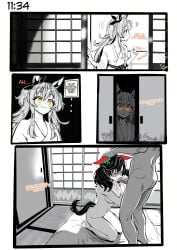 ... 1boy 2girls :o ? animal_ears blush breasts brown_eyes closed_eyes closed_mouth completely_nude ear_covers ear_ribbon english_text fellatio greyscale highres horse_ears horse_girl horse_tail indoors japanese_clothes kimono kunitoro_(artist) looking_to_the_side mayano_top_gun_(umamusume) medium_breasts monochrome multiple_girls nervous_sweating nice_nature_(umamusume) nipples nude oral parted_lips penis sash small_breasts spot_color straight sweat tail trainer_(umamusume) twintails umamusume uncensored