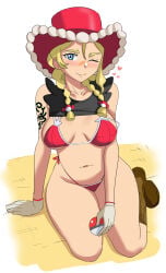 1girls ;) arm_tattoo bikini black_shirt blonde_hair blue_eyes boots breasts brown_boots closed_mouth clothes_lift commentary eyelashes full_body gloves hat heart highres holding holding_poke_ball kitt_(pokemon) long_hair navel nintendo one_eye_closed pabsmikan poke_ball poke_ball_(basic) pokemon pokemon_champions red_bikini rucola_(pokemon) shirt shirt_lift sitting smile solo swimsuit tattoo thighs